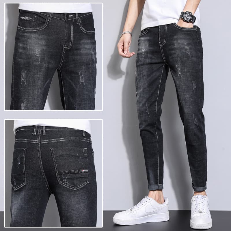 W inverno novo estilo preto Jeans masculino Street Wear versão coreana na moda elástico All-Match magro-ajuste pés peque