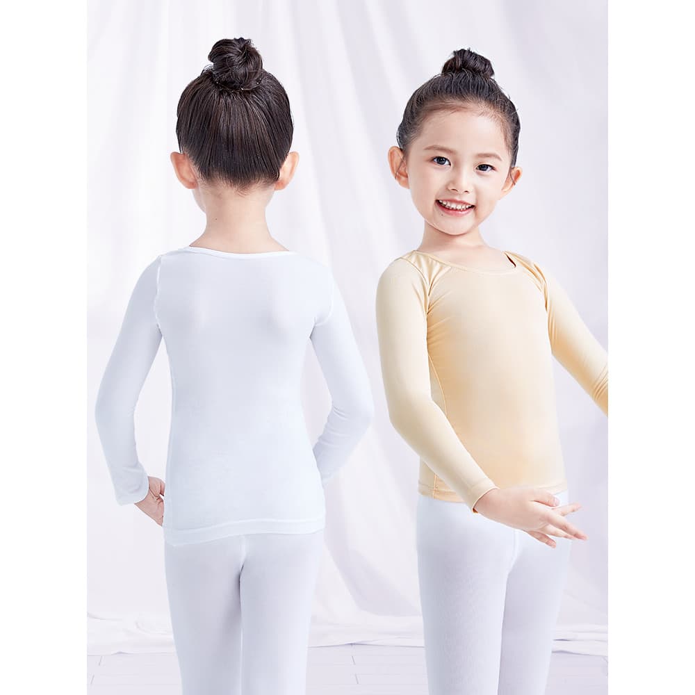 Roupas de dança infantil meninas camisa de fundo branco de manga comprida meninas prática justa invisível cor de carne r