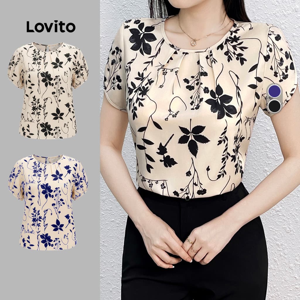 Lovito Elegante Blusa Feminina com Flores Franzida Primavera/verão Blusas Femininas em Alta L143ED387