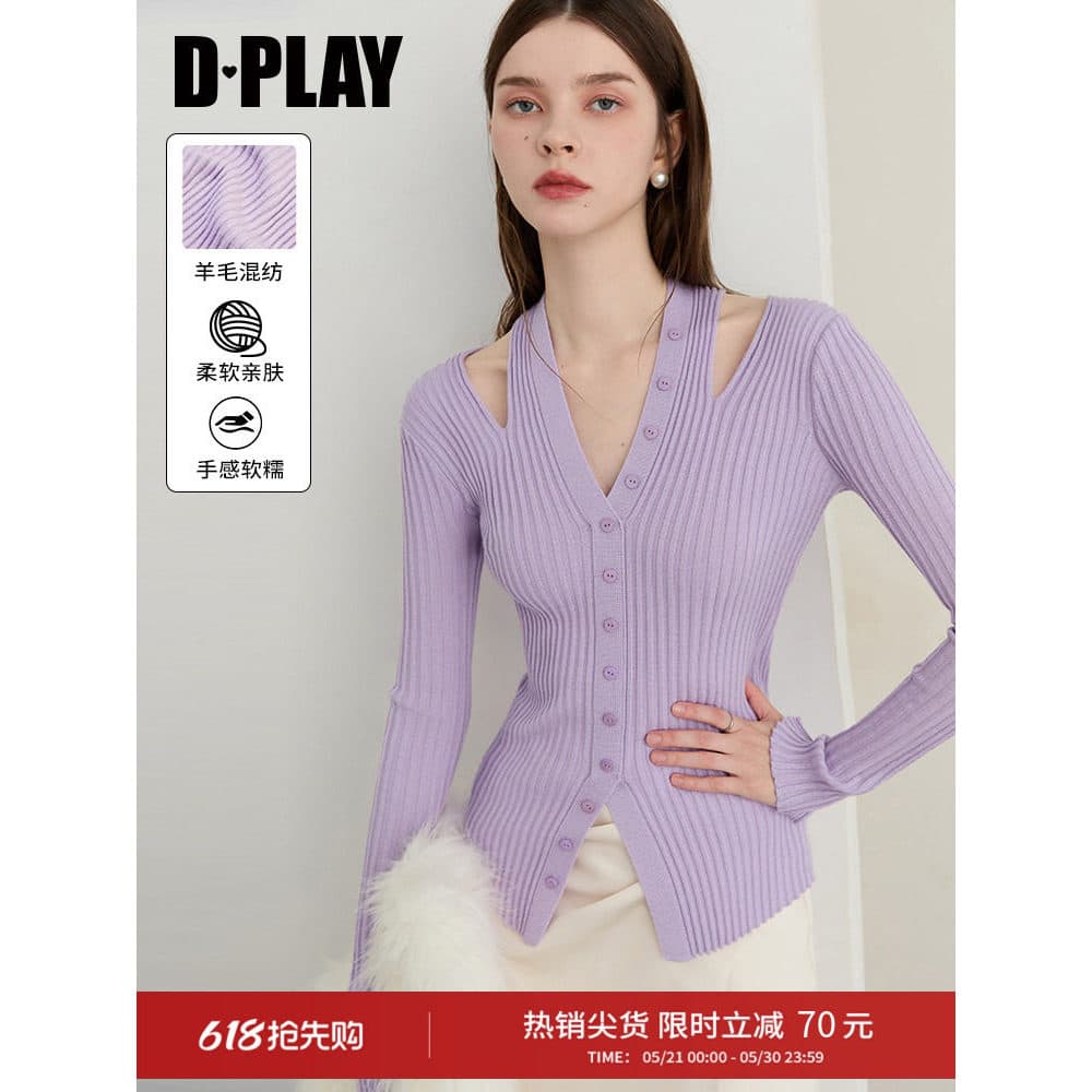 DPLAY Outono Novo Estilo Roxo Malhas Mulheres Design Oco Suéter Top de Manga Comprida