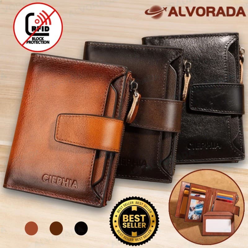 Carteira masculina retrô de couro legítimo com três dobras e sistema antifurto, disponível em três cores-ALV