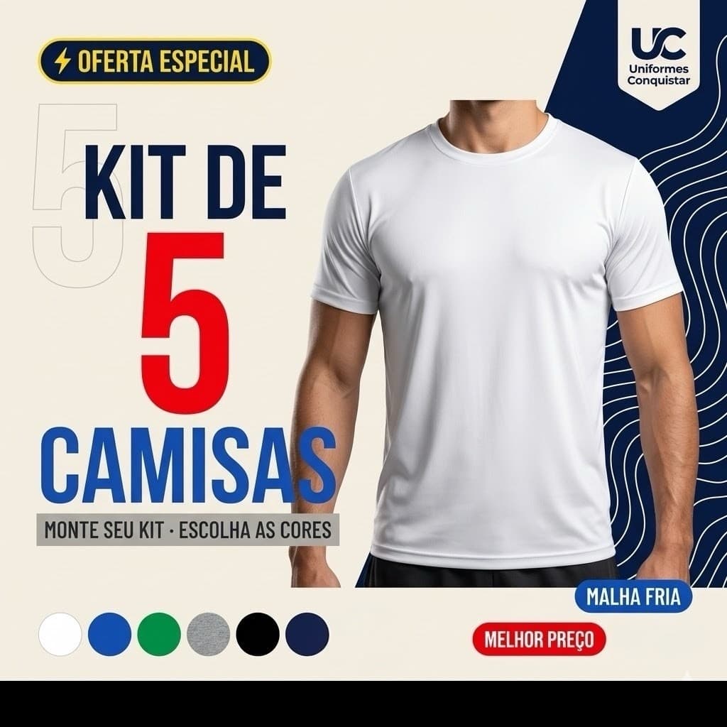Kit com 5 Camisetas de Malha 100% Poliéster