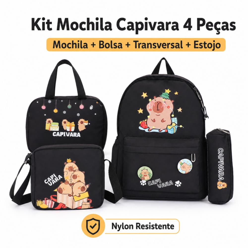 Kit Mochila Menina e Menino Escolar Infantil Bolsa Lancheira Estojo Estampas Capivara