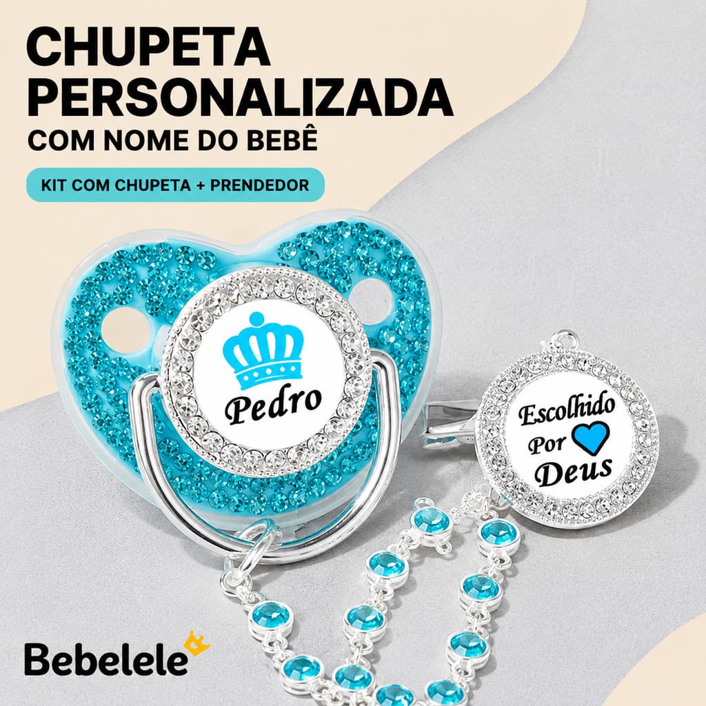 Chupeta de bebê, personalizada com nome e foto, inclui clipe/fecho/corrente