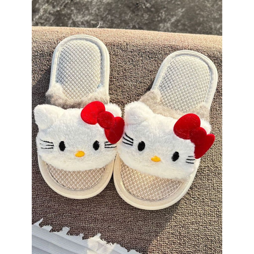 Chinelos de linho de algodão fofos da Hello Kitty, chinelos femininos antiderrapantes e absorventes de suor, quatro esta