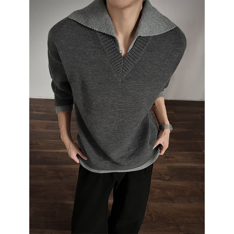 Outono inverno velho dinheiro luz maduro falso de duas peças costura lapela camisola jaqueta masculina estilo preguiçoso