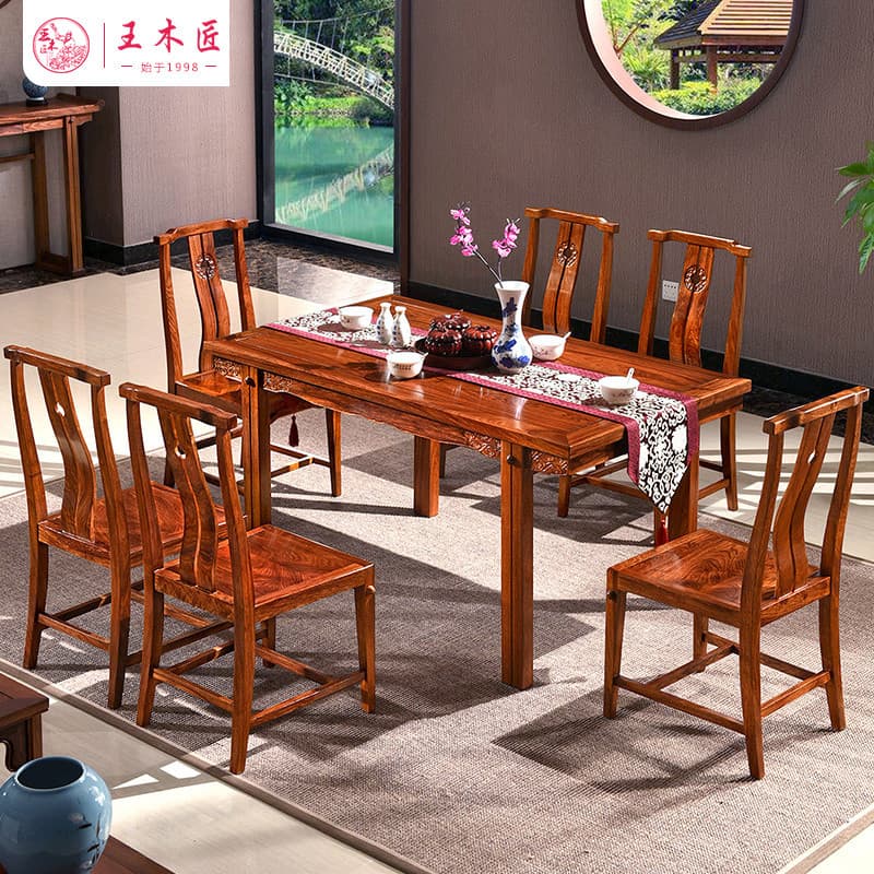 Wang Carpenter Mogno Madeira Maciça Nova Mesa de Jantar Chinesa Combinação de Cadeira Uma Mesa Seis Cadeiras Móveis de R
