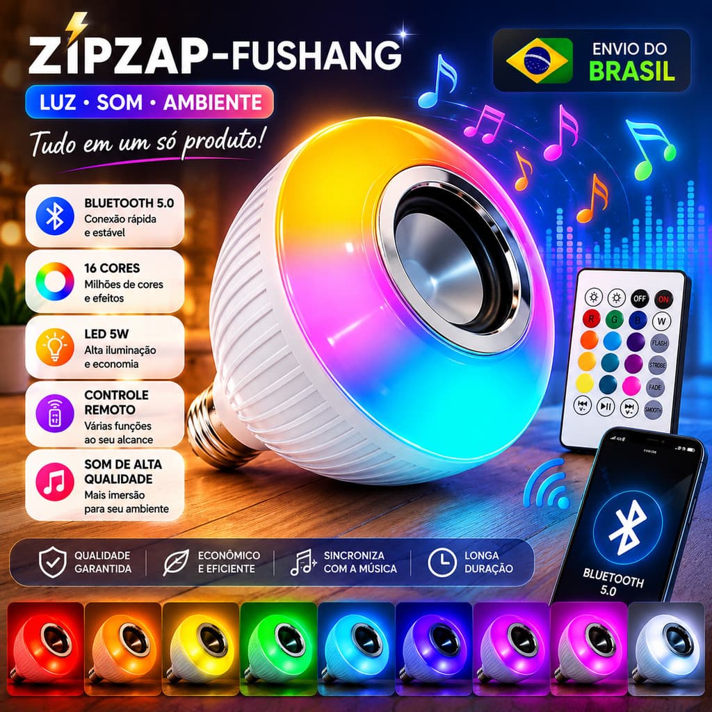 FUSHANG Lâmpada Musical Bluetooth RGB 16 Cores com Alto-Falante LED Controle Remoto E27