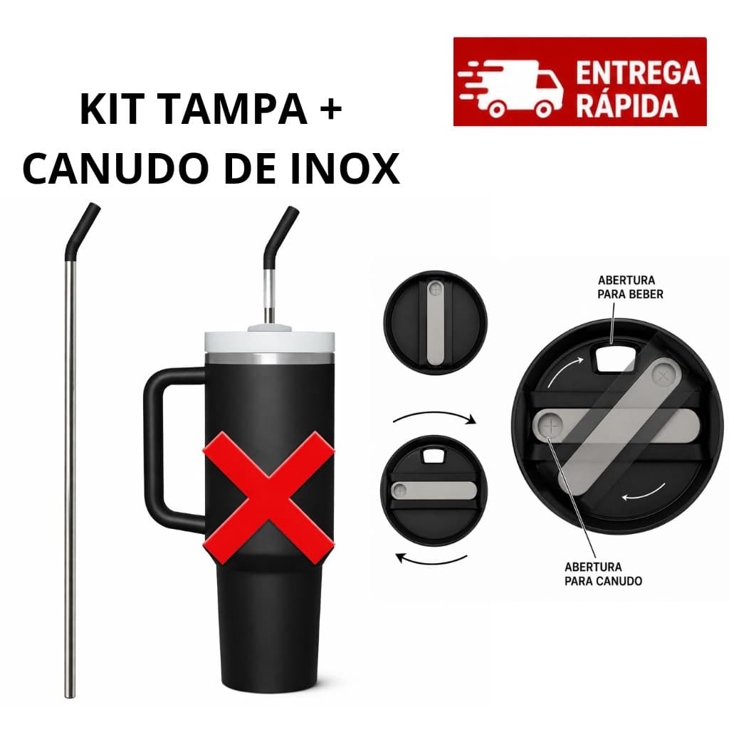 KIT Tampa + Canudo de Inox com Ponteira de Silicone Antivazamento
