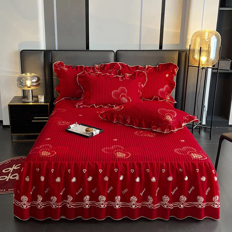 Grande algodão vermelho impresso acolchoado saia de cama conjunto de três peças celebração do casamento puro algodão fes