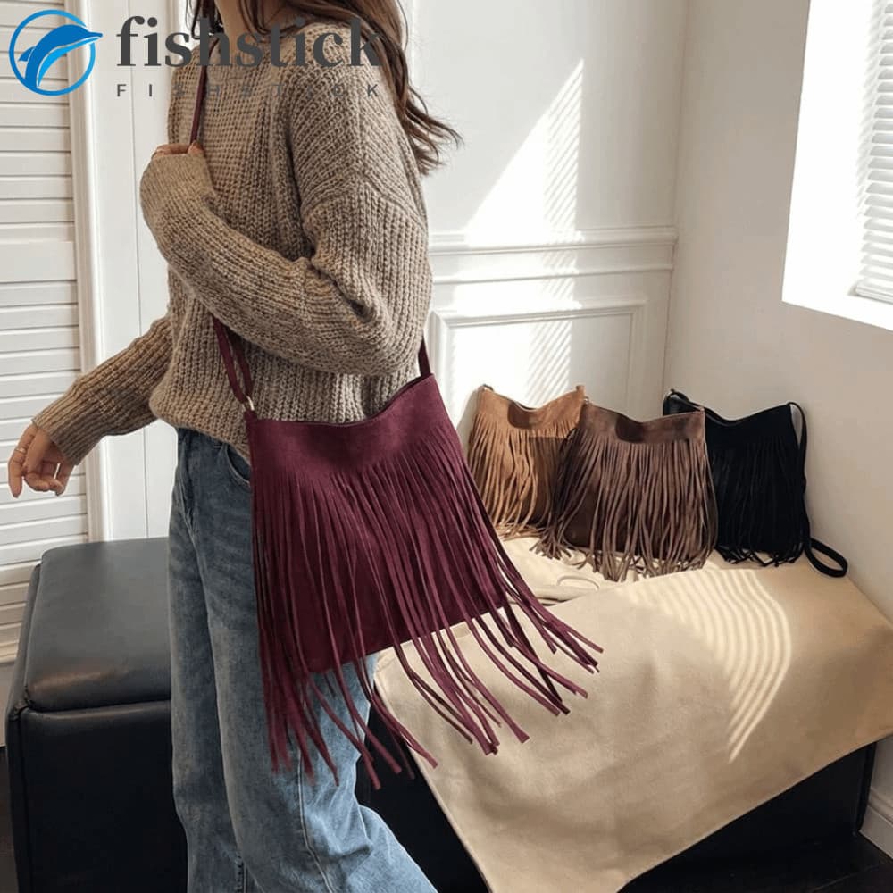 Bolsa Com Borla FISHSTICKA , Crossbody De Camurça De Grande Capacidade Estilo Vintage Nas Axilas