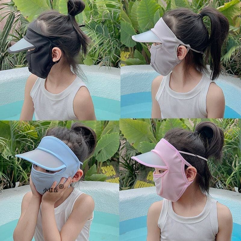 Crianças chapéu de sol máscara facial integrada meninos meninas sensação legal seda gelo respirável chapéu do bebê dedic