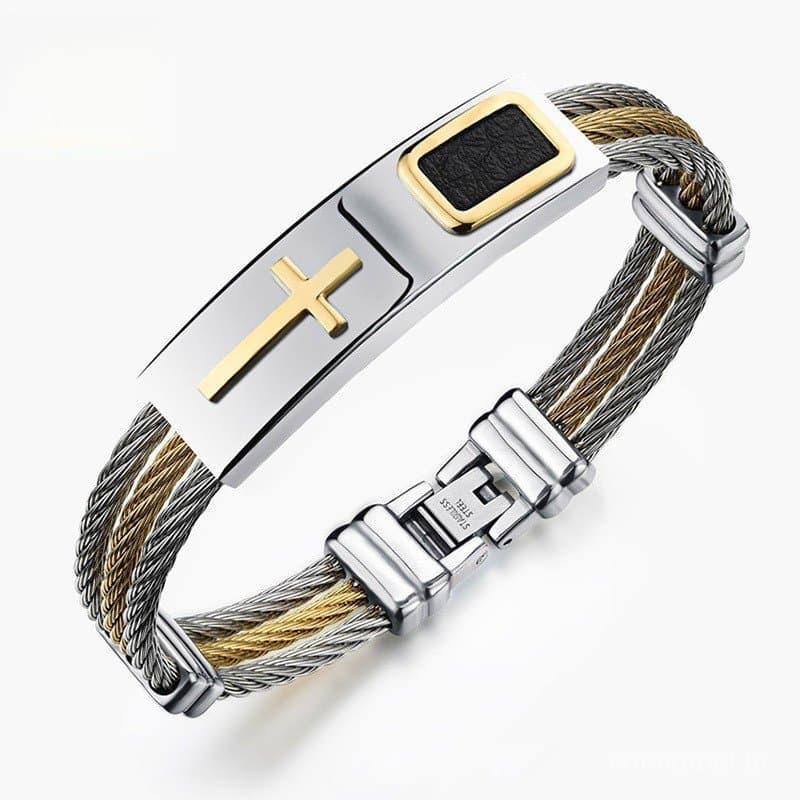 Bracelete / Pulseira Masculina Com Cruz / Punk / Aço Inoxidável / 3 Fileiras