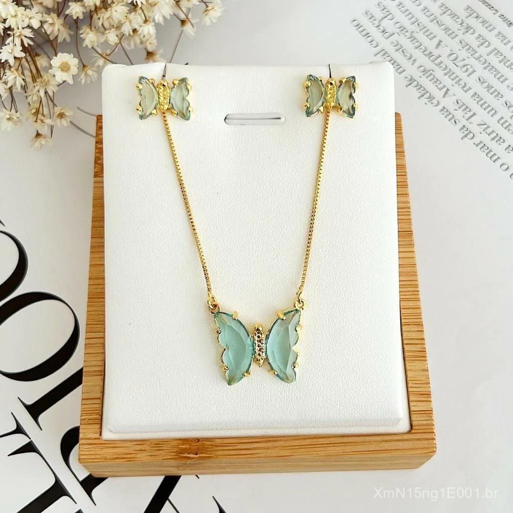 Conjunto Colar e Brinco Borboleta Pedra Azul Banhado a Ouro 18k