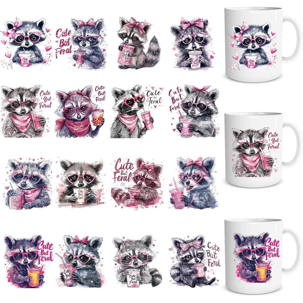 Adesivos UVDTF de Guaxinim - 16 Folhas de Adesivos UV DTF de Guaxinim Rosa para Copos de 16 OZ, Adesivos de Transferênci