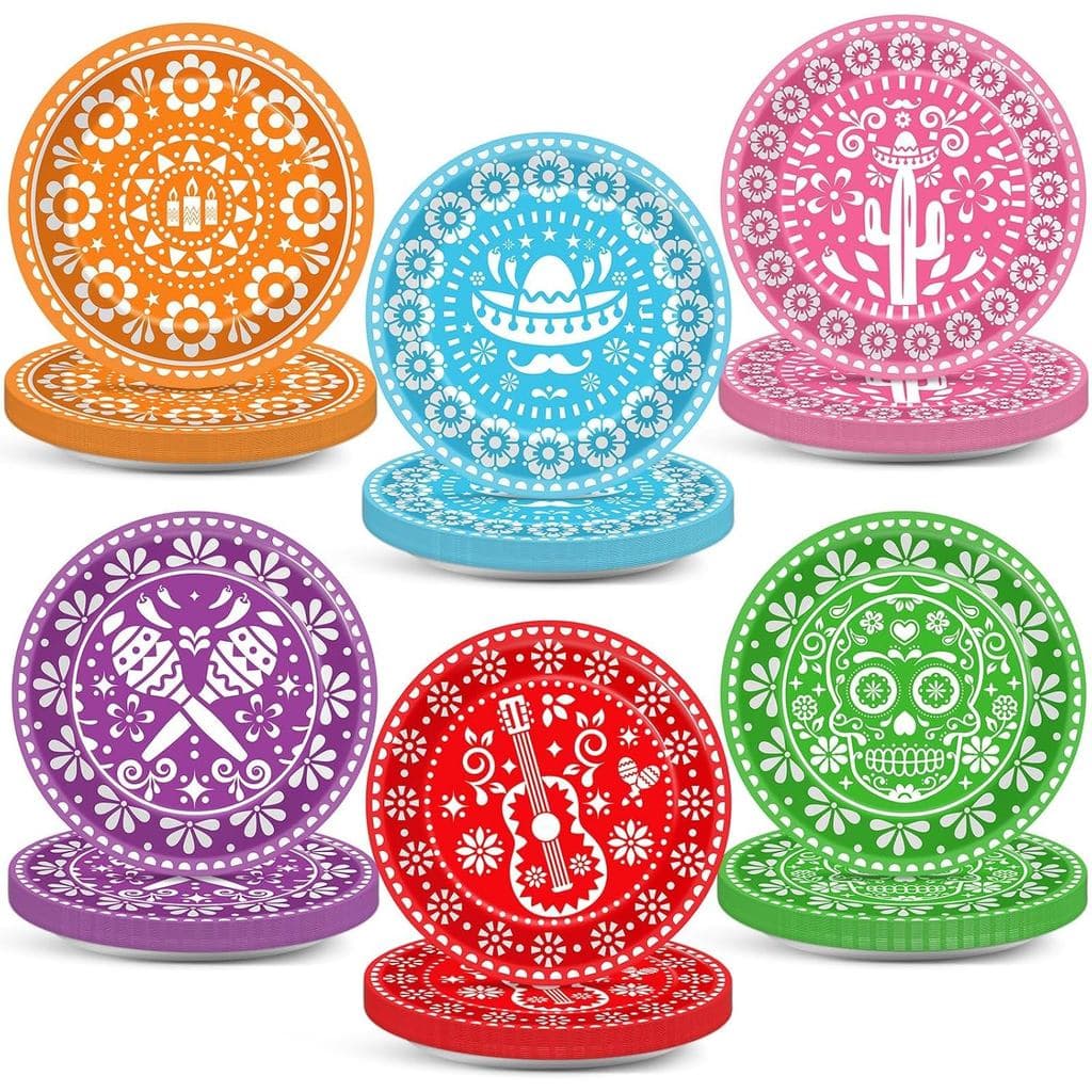 60 Pratos Descartáveis para Festa Mexicana, 7 polegadas, Decorações Coloridas para Festa Mexicana, Papel Picado, Pratos