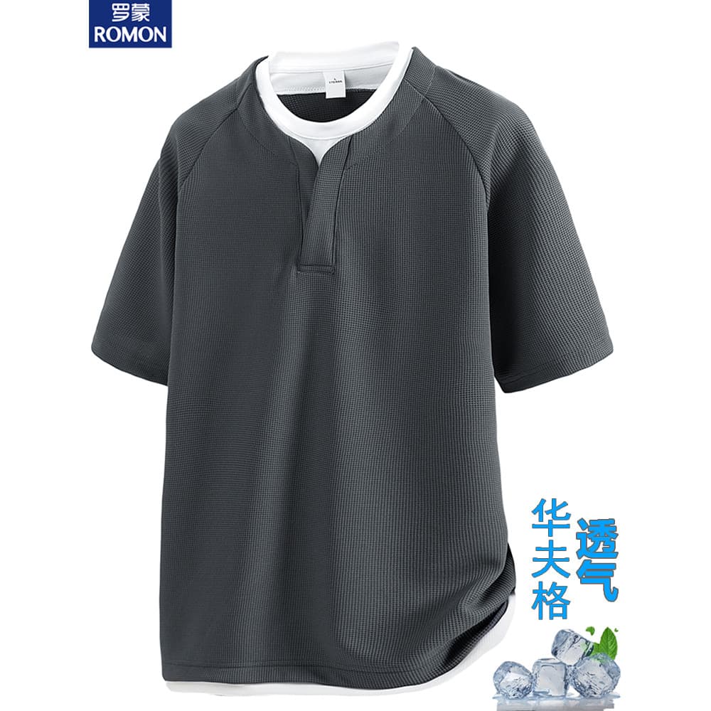 Lomon High-end segunda qualidade Waffle manga curta camiseta masculina moda com decote em V falso costura de duas peças