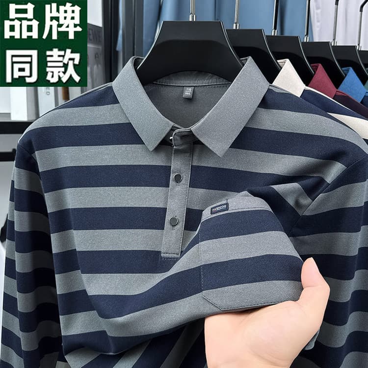 High-End lapela manga comprida camiseta masculina 2026 primavera outono camisa de fundo fino camiseta pai de meia-idade