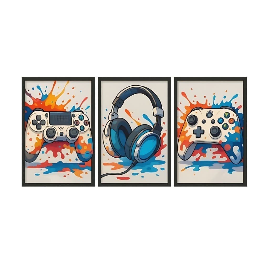 Quadro Gamer Luxo 50x30 Decoração Video Game Controle e Headset Quarto Infantil