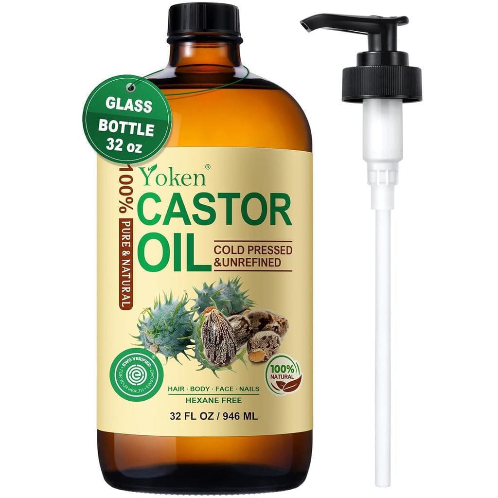 Óleo de Rícino 100% Puro em Garrafa de Vidro com Bomba, Verificado pela EWG, 32 fl oz para MILN