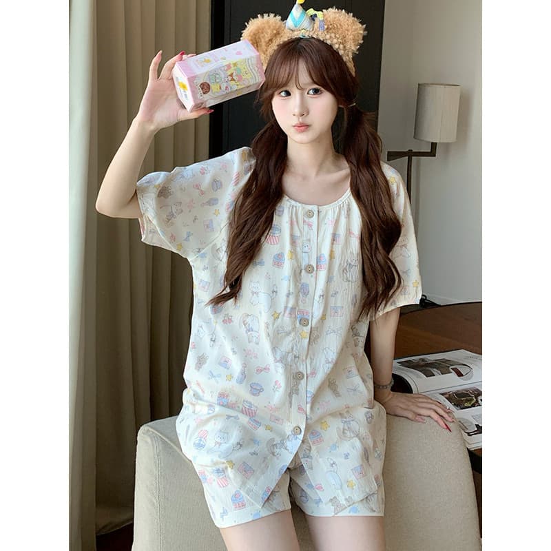 Pijama de manga curta feminino verão 2025 novo estilo nuvem algodão verão bonito dos desenhos animados Shorts soltos com