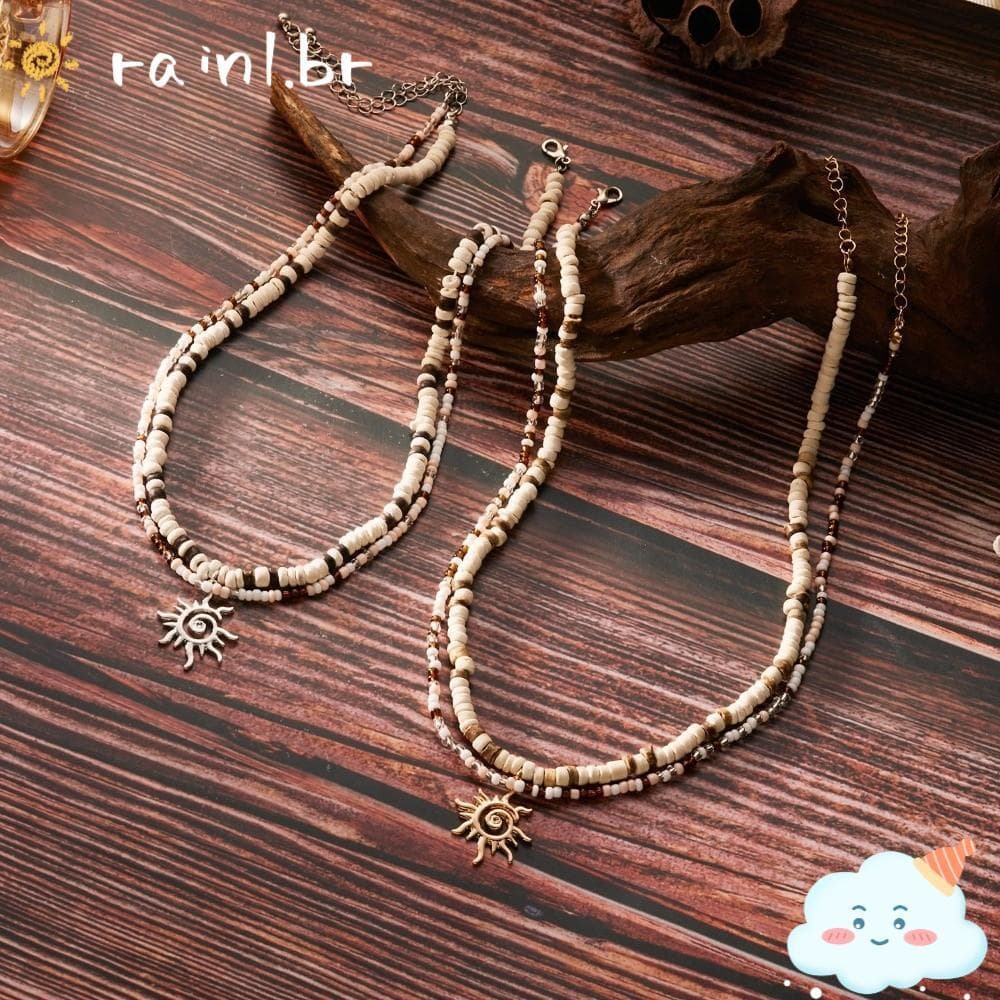 Chuva Conjunto De 2 Peças De Colar De Contas De Coco Boho , Com Pingente De Sol Estilo Étnico Vintage , Camada Dupla