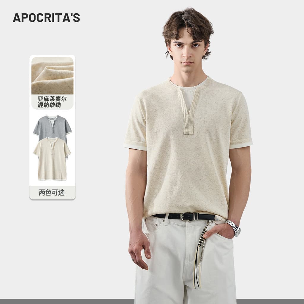Roupas Masculinas |Falso de duas peças de linho de malha de manga curta masculina verão estilo dinheiro velho High-End c
