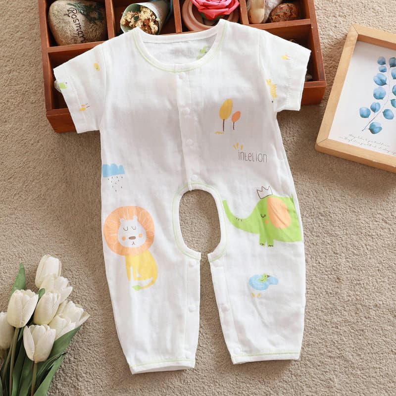 Verão 1-6 meses infantil puro algodão macacão masculino feminino bebê macacão gaze calças de manga curta virilha aberta