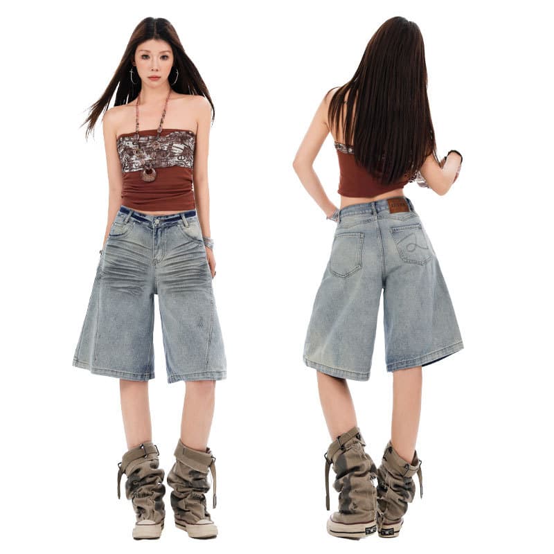 Americano Retro angustiado tridimensional gato bigode Denim perfil perna larga perna reta