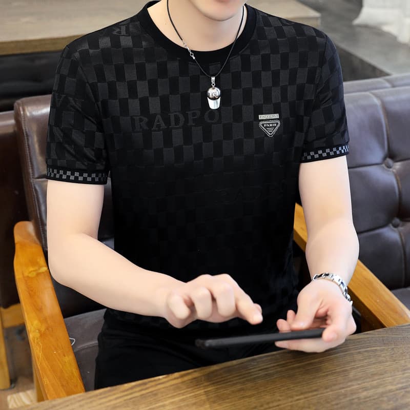 Verão gelo seda de manga curta camiseta masculina em torno do pescoço Street Wear High-End marca treliça diamante quente