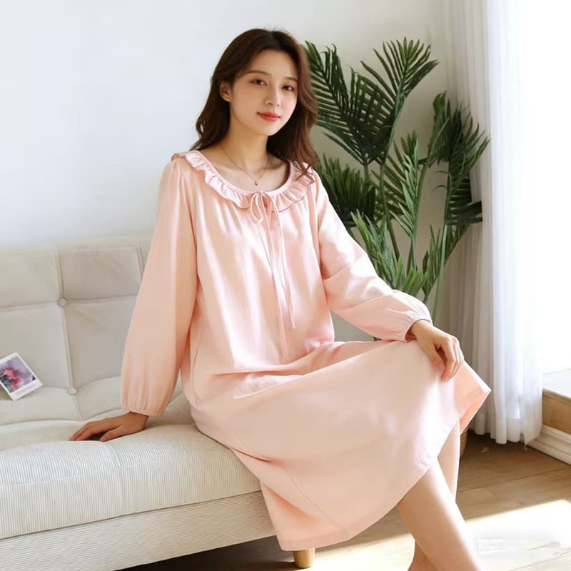 Com almofada no peito camisola de algodão puro feminino primavera outono estilo algodão pijamas de manga comprida estilo
