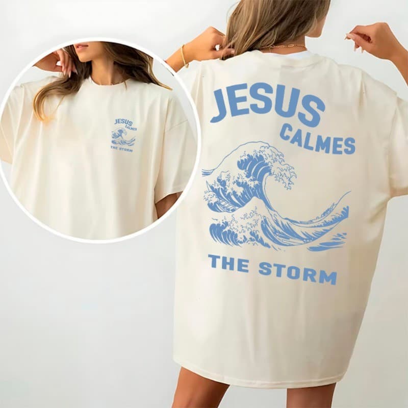 Camiseta Feminina Oversized Estampada "Jesus Acalma" Moda Gospel Cristã Promoção