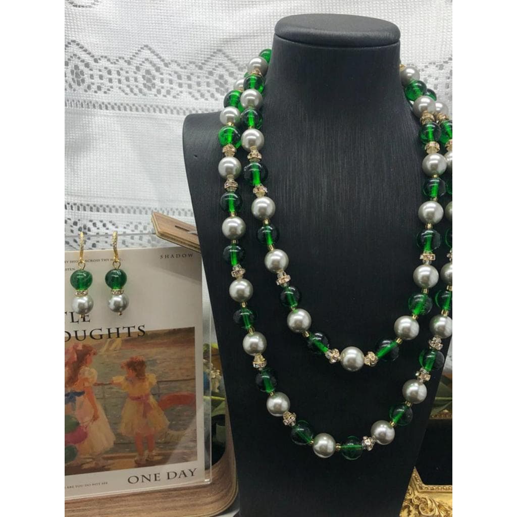 Medieval esmeralda contas de vidro pérola longo colar pedra preciosa círculo camisola corrente mesmo estilo brincos de d
