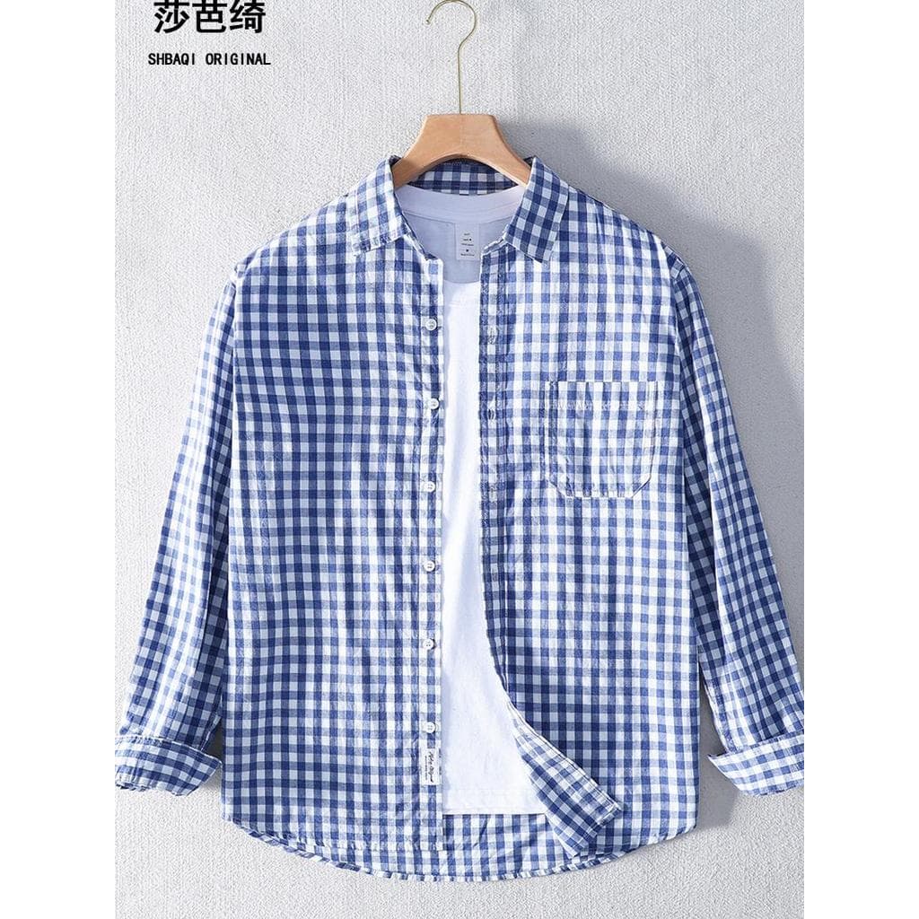 Primavera verão homens mulheres casais puro algodão escovado azul branco xadrez camisa de manga comprida Casual solto pr