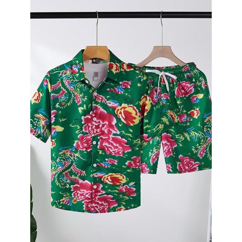 Nordeste grande flor camisa terno masculino de manga curta estilo casal verão estilo fino vermelho desempenho Floral con