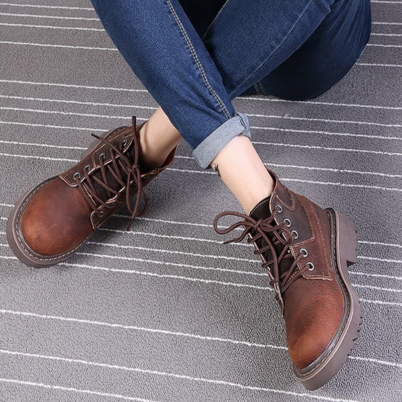 Botas femininas de couro genuíno botas curtas Retro botas de deserto à prova dwaterproof água Martin botas de couro Casu