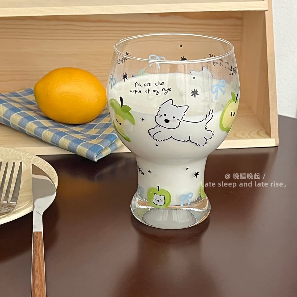 Bonito dos desenhos animados vidro transparente verde maçã filhote de cachorro maçã padrão copo de água criativo único c