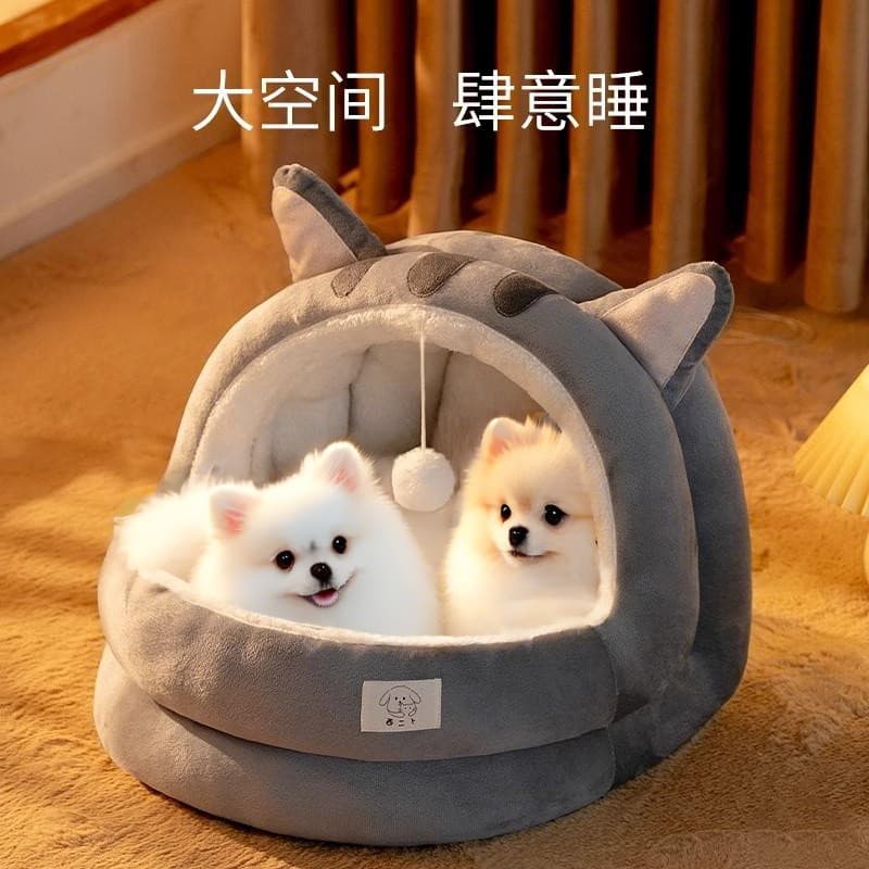 Canil inverno quente cama de cachorro cama de gato cama de gato Semi-fechada sentido de segurança ninho de dormir quatro