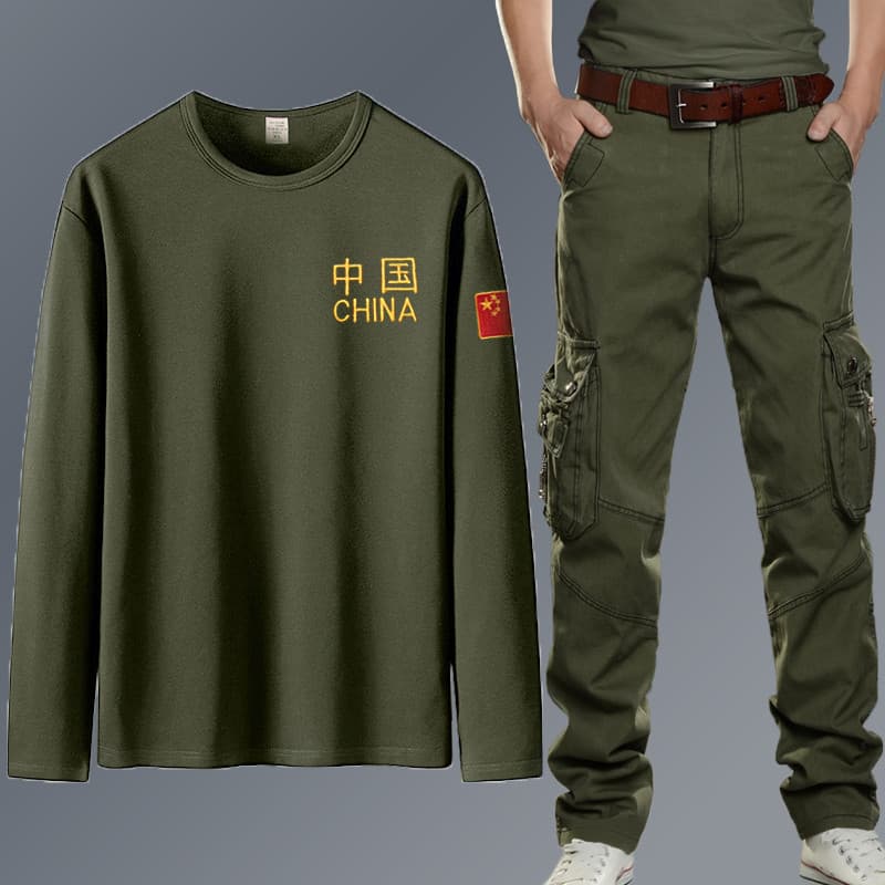 Primavera outono terno masculino militar camuflagem roupas forças especiais chinesas de manga comprida camiseta puro alg