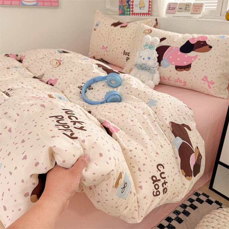 Coreano dos desenhos animados bonito impresso cão lavado algodão pequeno fresco conjunto de quatro peças cama colcha cap