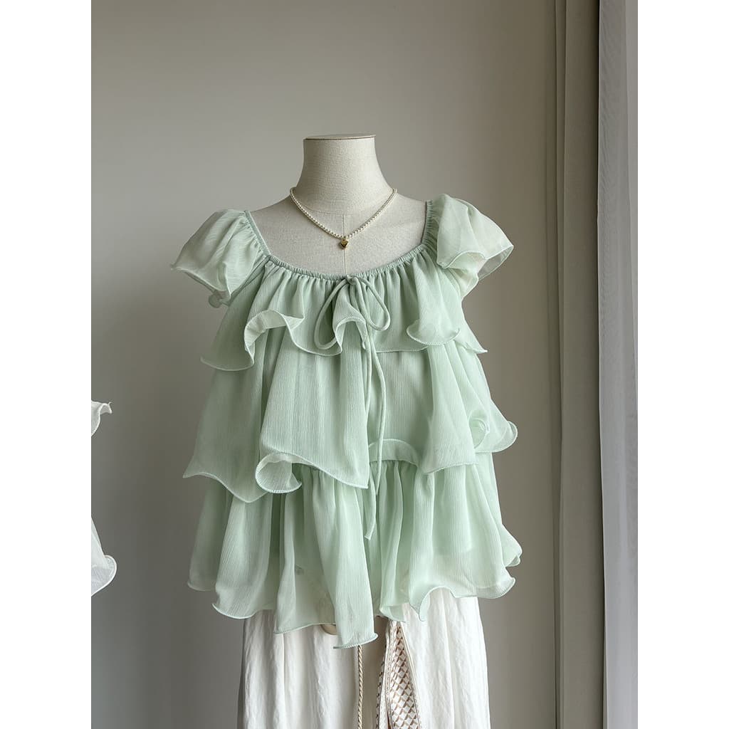 Blusa Chiffon manga curta topo verão versão coreana Design sentir doce idade-reduzindo babados curto camisa de manga cur