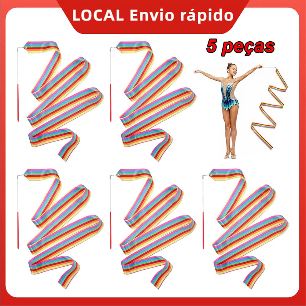 5x Fita de Ginástica Rítmica 4m Arco-íris com estilete – leve, seguro, cabo plástico vermelho, p/ treino diário