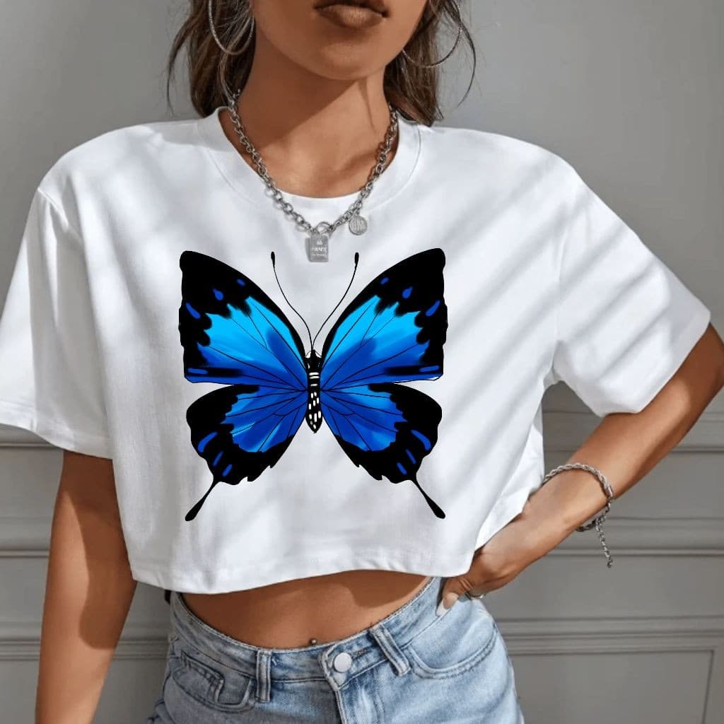 Cropped Largo Feminino – Borboleta Azul Floral, Algodão Vintage Streetwear