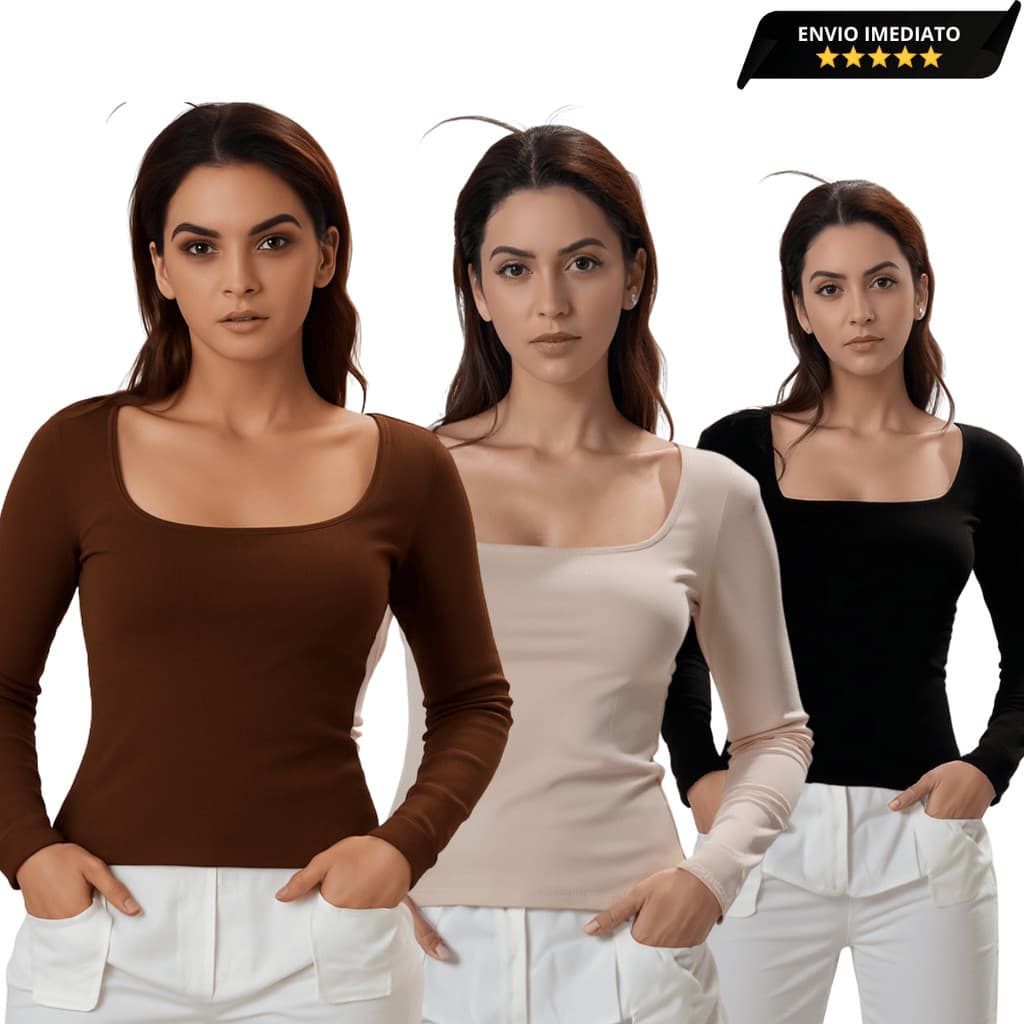 Blusa Feminina Manga Longa Confortável Básico Decote Quadrado de Suplex