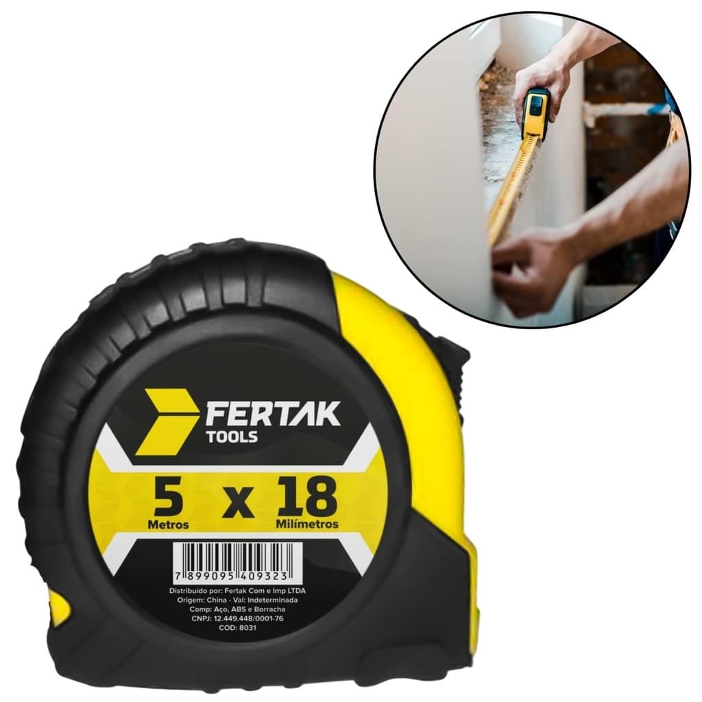 Trena Fita Métrica Emborrachada 5m x 18mm com Presilha Para Cinto e Alça Fertak Trena Standard Medição Geral Casa