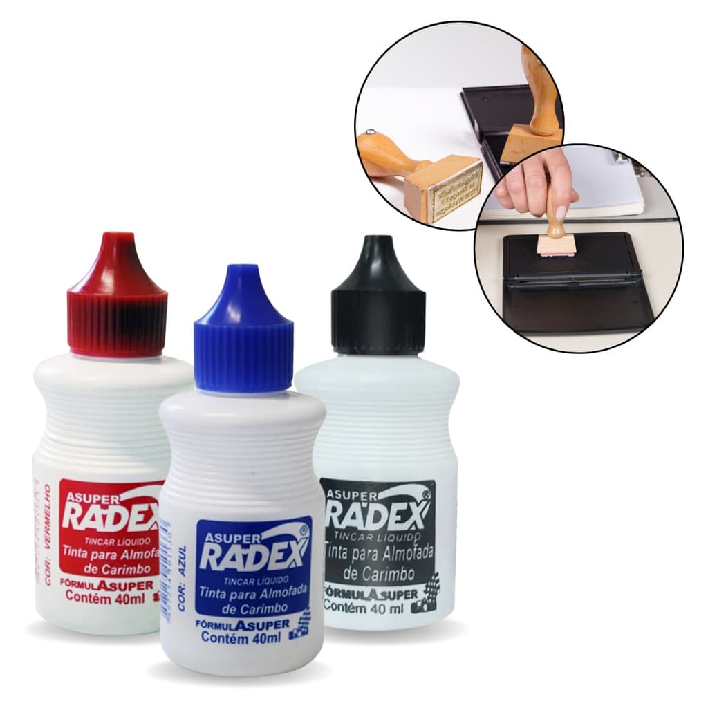 Kit 3 Tinta Para Almofada De Carimbo Recarregável Azul + Vermelho + Preto 40ml Cada