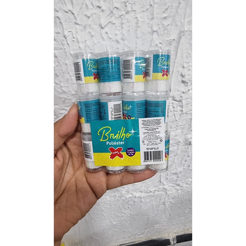 12 POTES DE GLITTER/PURPURINA POLIESTER 3g - BRANCO