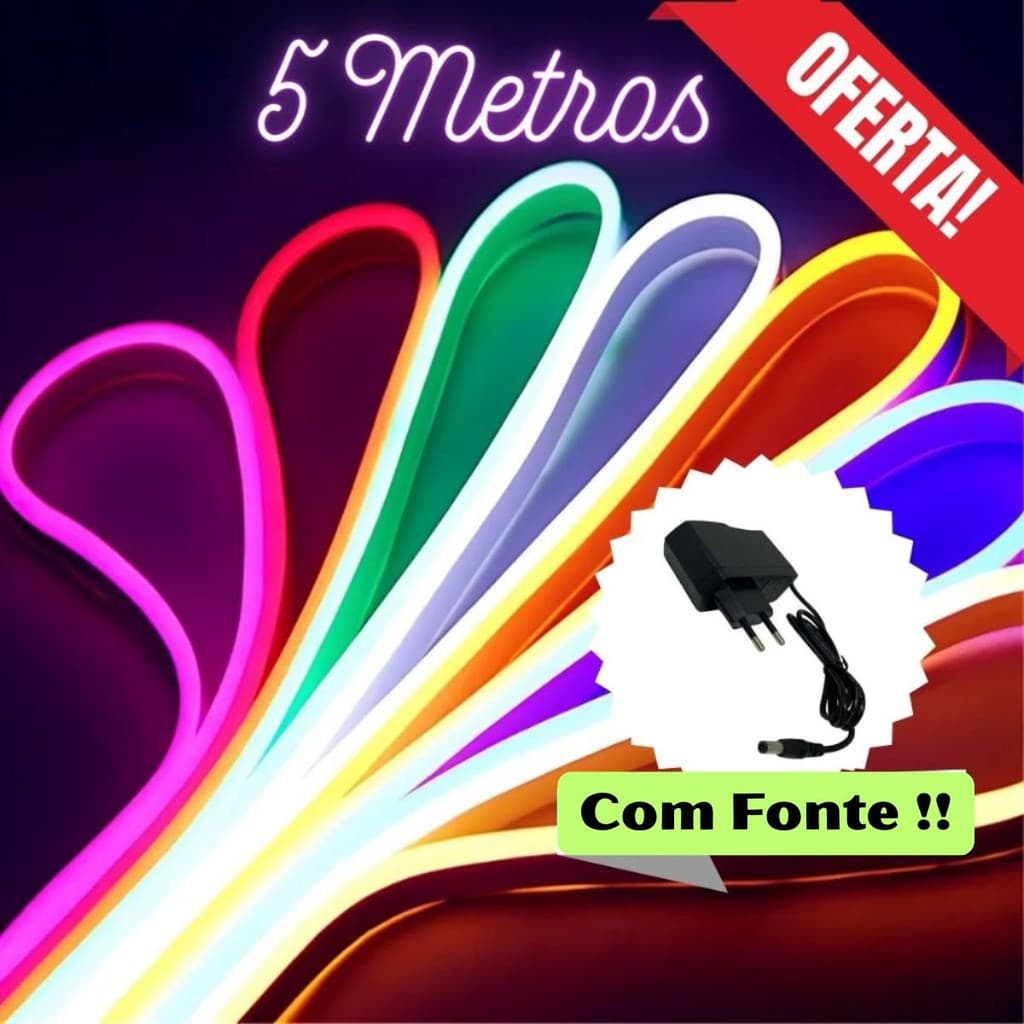 Fita Led Mangueira Neon 5 Metros Brilho Alto Flexível Colorida  Com Ou Sem Fonte 12v