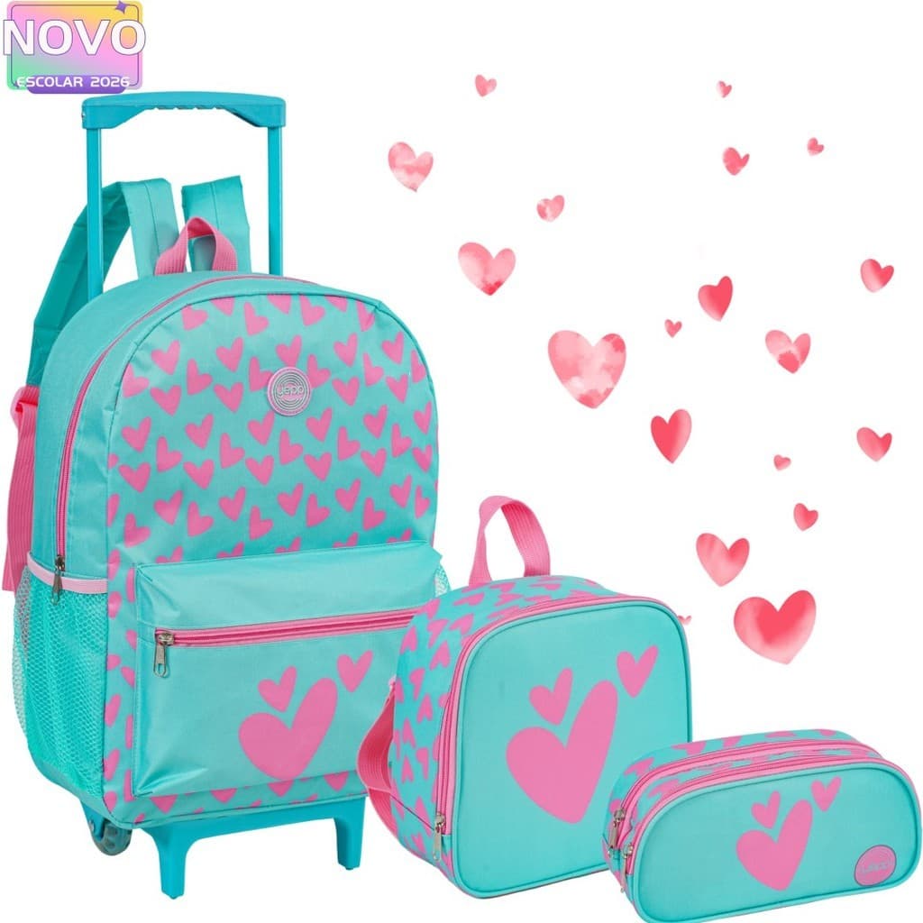 Kit Mochila Rodinha Escolar Corações Nylon Com Lancheira e Estojo