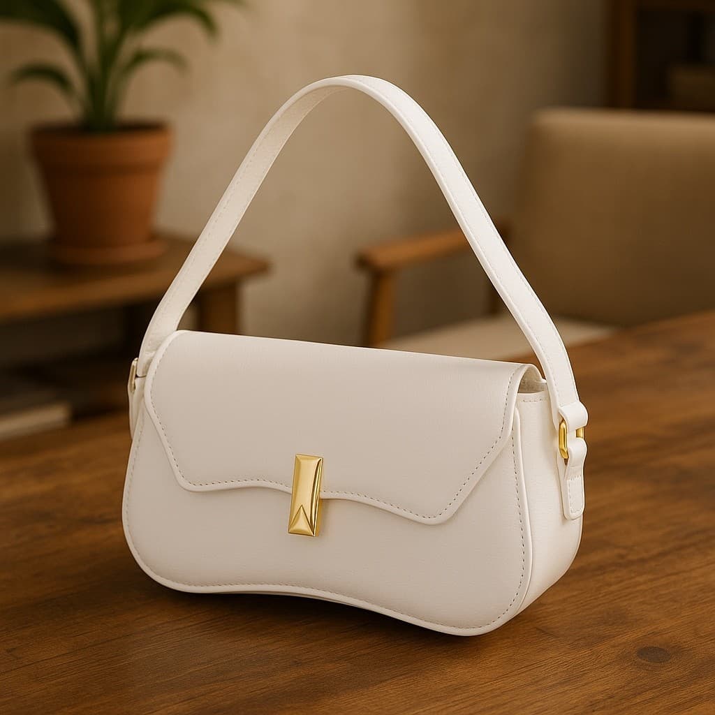 Bolsa Feminina de Ombro Alça Ajustavel Baguete Cor Branca Linda Metal Dourado